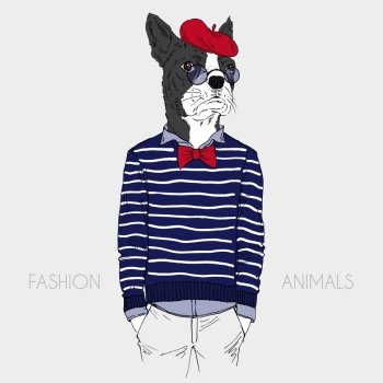 Illustration of dressed up french bulldog, french chic style