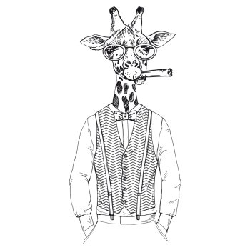anthropomorphic design. fashion illustration of giraffel dressed up in retro style