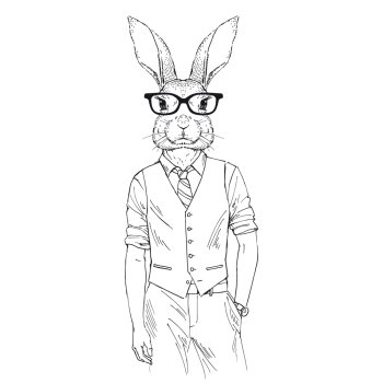 Anthropomorphic design. Hand drawn illustration of rabbit dressed up in office style