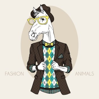 fashion animal illustration, furry art design, horse boy hipster