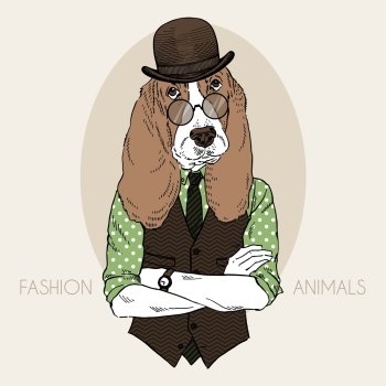 hound dog hipster, fashion animal illustration, furry art design