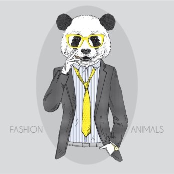 panda male dressed up in office style smoking cigarette