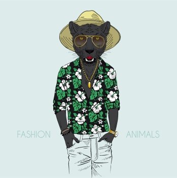 Anthropomorphic design. Illustration of panther dressed up in aloha shirt