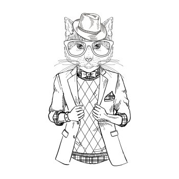 anthropomorphic design. fashion illustration of cat dressed up in hipster style
