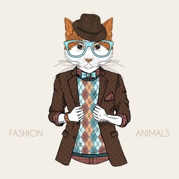 anthropomorphic design. fashion illustration of cat dressed up in hipster style