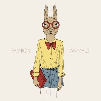 Anthropomorphic design. Illustration of dressed up squirrel hipster girl