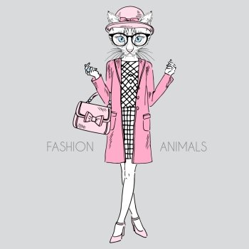 anthropomorphic design. fashion illustration of cat girl dressed up in classy style