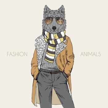 anthropomorphic design. fashion illustration of wolf dressed up in mutton coat