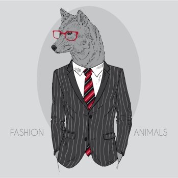 fashion animal illustration, furry art design, wolf man wearing office suit