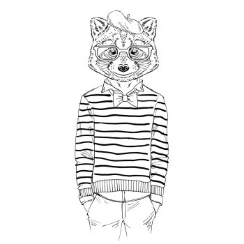 Illustration of dressed up raccoon, french chic style