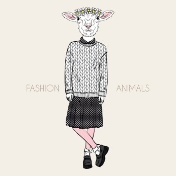 Fashion illustration of cute ship girl in wool knitted pullover
