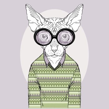 skinny cat in pullover and round glasses