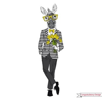 Hand drawn illustration of zebra gentleman with flowers, greeting card design