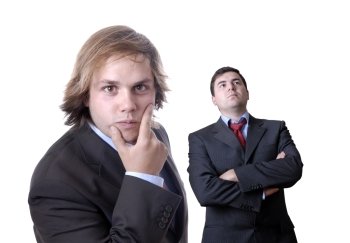 two young business men portrait on white. focus on the man of the right