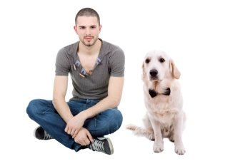 young casual happy man seated with a dog, on studio, isolated