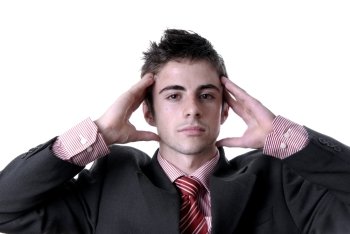 Businessman in a suit gestures with a headache
