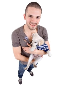 young casual man full body with a small dog