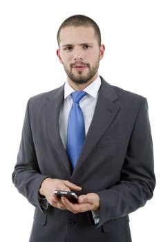 young business man looking to his phone, isolated