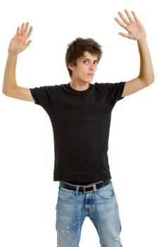 young casual man making stop with his hands