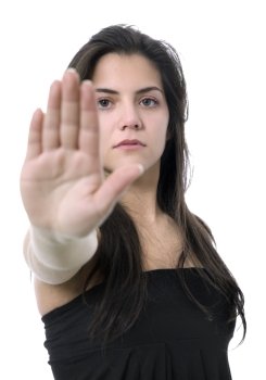 young woman going stop with her hand, isolated