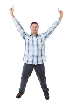 young casual man winning, isolated on white