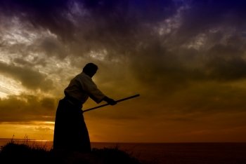young aikido man fighter at sunset light