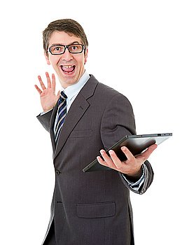businessman happy with a tablet pc, isolated
