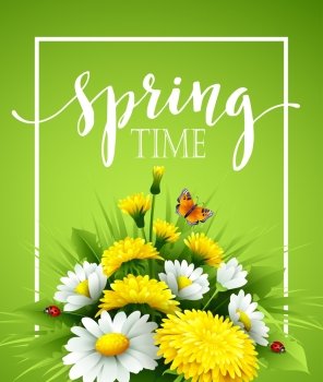 Fresh spring background with grass, dandelions and daisies. Vector illustration EPS10