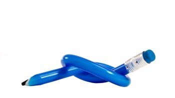 A blue flexible pencil tied in a knot on a white isolated background.