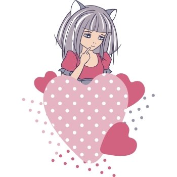 Manga style girls with hearts. Vector background.