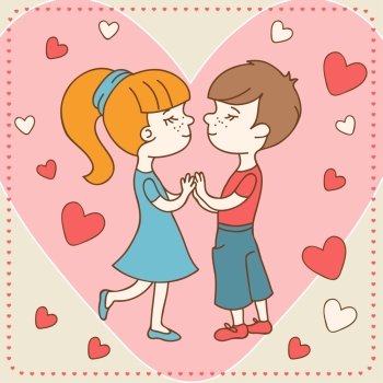 Vintage Valentine's day card of boy kisses girl.