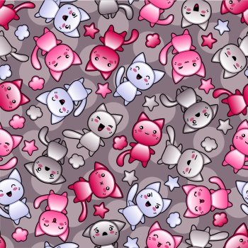 Seamless pattern with cute kawaii doodle cats.