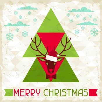 Merry Christmas background with deer in hipster style.