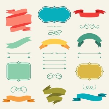 Set of romantic arrows, ribbons and labels in retro style.