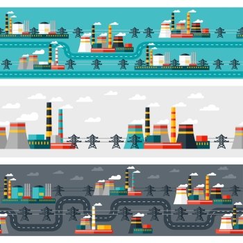 Seamless patterns of industrial power plants in flat style.