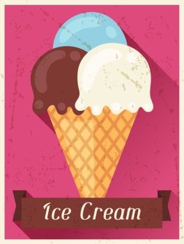 Ice cream retro poster background design in flat style.