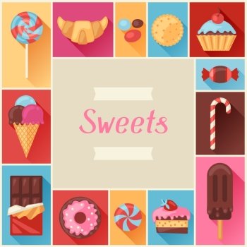 Frame with colorful various candy, sweets and cakes.