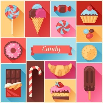Background with colorful various candy, sweets and cakes.