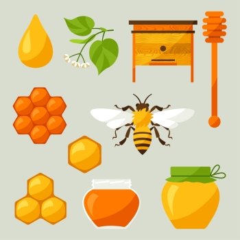 Set of honey and bee objects, icons.