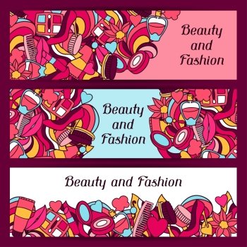 Beauty and fashion banners design with cosmetic accessories. Beauty and fashion banners design with cosmetic accessories.