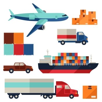 Freight cargo transport icons set in flat design style. Freight cargo transport icons set in flat design style.