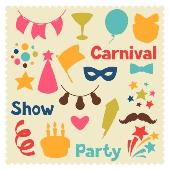 Carnival show and party set of celebration objects. Carnival show and party set of celebration objects.