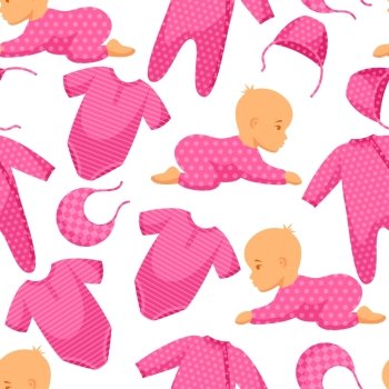 Seamless pattern with child and clothing in pink tones. Seamless pattern with child and clothing in pink tones.