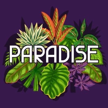 Background with stylized tropical plants and leaves. Image for advertising booklets, banners, flayers, cards, textile printing.