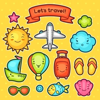 Set of travel kawaii doodles with different facial expressions. Summer collection cheerful cartoon characters sun, airplane, ship, balloon, suitcase and decorative objects.