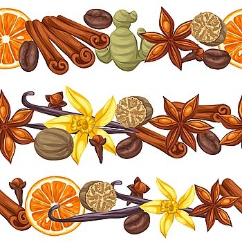 Seamless borders with various spices. Illustration of anise, cloves, vanilla, ginger and cinnamon.