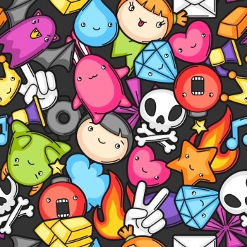 Game kawaii seamless pattern. Cute gaming design elements, objects and symbols.