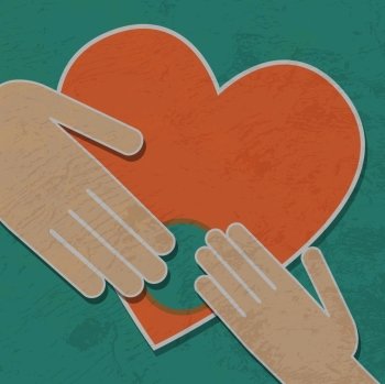 human hands hold my heart, vector background.