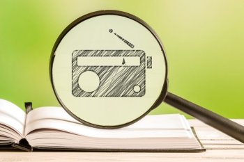 Radio information with a pencil drawing of a transistor radio in a magnifying glass