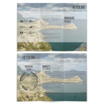 Realistic sea landscape. Brochure, tri-fold flyer or booklet for business. Modern trendy design vector templates on both sides.
